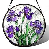 JOSUMALY Stained Glass Window Hanging - Purple Iris Flower Sun Catcher for Door Terrace Garden Home Decor, Green Plants Suncatcher Birthday Gifts for Lovers Women Men Dad Mom Nana 6.3 in