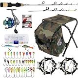 QualyQualy Ice Fishing Rod Reel Combo Complete Set Ice Fishing Gear with Backpack Seat Ice Cleats Ice Fishing Jigs Line Full Ice Fishing Kit
