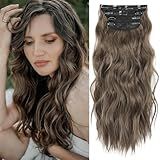 LEEONS 20 inch Synthetic Hair Extensions Long Wavy Double Weft Hair Extensions for Women(Medium Brown Mixed Ash Grey)