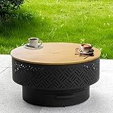 OutVue 26" Wood Burning Fire Pits with Grill & Lid, Fire Pit Table for Outside with Waterproof Cover & Fire Poker, Outdoor Firepit with Functions for BBQ,Table and Bonfire