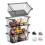 GAOKASE 4 Pcs Stackable Wire Baskets for Pantry Organizers and Storage,Vegetable Fruit Basket for Countertop,Kitchen Storage Metal Baskets,Produce Potato Onion Storage Bin,Black
