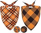 2PCS Fall Dog Bandanas,Halloween Dog Bandanas,One Side Orange Plaid,The Other Side Pumpkin or Spider Web Bibs,Holiday Pet Scarf for Boy and Girl Dogs,Thanksgiving Pet Outfit for Medium to Large Dogs