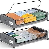 GoMaihe Under Bed Storage with Wheels: XXL Underbed Storage Containers with Lids - Rolling Bins for Shoes Clothes in Dorm Bedroom - Metal Drawers Easy Pull-out Grey 2-Pack