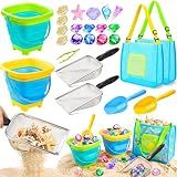 Beach Toys for Kids 24 Pcs Metal Sand Sifter Collapsible Beach Buckets Set
