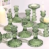 Simeitol Glass Candle Holder Set of 12, Green Taper Candle Holders Bulk, Vintage Candlestick Holders, Candle Stick Holder for Table Centerpieces, Wedding, Festival & Home Decor