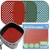 Reusable Square Silicone Air Fryer Liners (8.5 Inch, 3 Pack) by Linda’s Essentials - Non-Stick, Easy-Clean Accessories with Cheat Sheet & Recipe Book, Perfect for Quick Meals