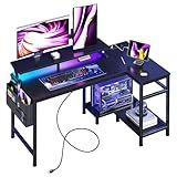 DUMOS Gaming Desk, Computer Desk with USB Charging Ports, Power Outlets, Type-C and LED Lights, Reversible L Shaped Desk with Storage Shelves & Monitor Stand for Office, Gaming Room Black 40IN