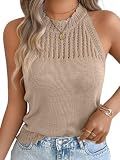 ChiaoLezhee Women's Summer Knit Tank Tops, Racerback High Neck Lightweight Sweater Vest, Dressy Casual Outfits, Ladies Halter Sleeveless Beach Crochet Eyelet Blouse Trendy Cute,Khaki Tan,Medium