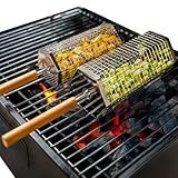 2 Pack Rolling Grill Basket – Stainless Steel Grilling Basket with Lid and Removable Wooden Handle – BBQ Accessories for Vegetables, Shrimp, Meat – Outdoor Cooking Gift for Dad or Husband – Otawe