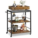 VASAGLE Kitchen Serving Cart with Removable Tray, 3-Tier Kitchen Utility Cart on Wheels with Storage, with Brakes, Leveling Feet, 15.7 x 28.3 x 33.9 Inches, Rustic Brown and Black ULRC72X