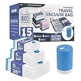 Cozy Essential Travel Vacuum Storage Bags with Rechargeable Cordless Electric Pump, Space Saver Bags for Luggage, Suitcase, Carry-On, for Clothes, Blankets, Comforters, Pillows, 15 Combo