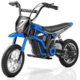 ELEMARA Electric Dirt Bike,350W Motorcycle for Kids with Tail Lights,Music & Bluetooth,15.5 mph & 150lb Max,Chain-Driven Motor, Twist-Grip Throttle & Hand-Operated Rear Brake,12" Air-Filled Tires-Navy