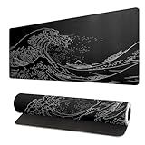 Brecoy Japanese Sea Wave Large Mouse Pad, Anime Black Gaming, Extended Kanagawa Mat Desk Pad, 3mm Thick Long Non-Slip Rubber Base Mice Pad, 31.5 X 11.8 Inch