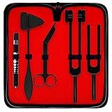 DEXSUR Diagnostics Kit - Percussion Taylor Reflex Hammer + C 128 & C 512 Tuning Forks + Bandage Scissors + Pupil Gauge Pen Light in Carrying Case - 6 Pieces Set - Full Black