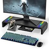 Heymaster Monitor Stand for Desk, Gaming Monitor Riser with RGB Light, Foldable Computer Monitor Stand Riser, Desk Organizers and Accessories for Desktop, Printer (Black)