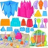 FUSPWEAO Beach Toys Sand Toys for Kids, Sand Castle Toys for Beach with 2 Castle Bucket and Mesh Bag, Sand Molds, Shovels and Rakes, Sandbox Toys for Toddlers, Travel Beach Toys for Kids 3-10