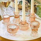 Kate Aspen Vintage Rose Gold Pink Fluted Glass Candle Holder, Taper Candle Holders, Two Function Candlestick & Tealight Candle Holders (Set of 6), Dining Table Decor Centerpiece, Shelf Decor