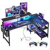 ODK 48 Inch Gaming Desk with USB Charging Ports and LED Lights, Reversible L Shaped Computer Desk with Storage Shelves & Monitor Stand, Corner Gamer Desk Table with Power Outlets, Black