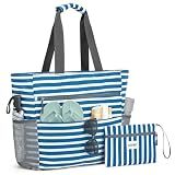 G4Free Beach Bag, Waterproof Sandproof Beach Tote Bag, Large Capacity Foldable for Women, Navy Stripe