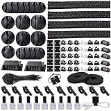 Cord Management Organizer Kit 4 Cable Sleeve split with 41Self Adhesive Cable Clips Holder, 10pcs and 2 Roll Self Adhesive tie and 100 Fastening Cable Ties for TV Office Car Desk Home