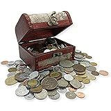 IMPACTO COLECCIONABLES Coin Collection - World Currency Treasure Chest with 2Lb. - Collectible Circulated Coins - 4.7 x 3.5 x 3.5 Decorative Wooden Box - Antique Coins for Collectors (COA Included)