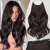 PHADRIA Invisible Wire Hair Extensions Layered Long Wavy Darck Brown Hairpiece for Women Transparent Wire Adjustable Size 6 Secure Clips Invisible Headband Hair Extension 20 Inch
