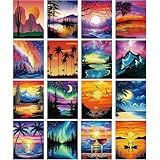 AmazingSpark 16 Pcs Pre Drawn Canvas Stretched Pre Printed Canvas Bulk 8" x 10" Sip and Paint Party Kit for Artist DIY Art Party Favors Adult's Date Night(Sunset Landscape)