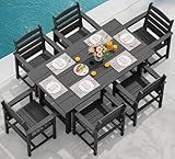 SERWALL 7 Pcs Outdoor Dining Set, 1 Umbrella Hole Table & 6 Chairs, Black