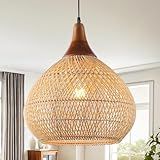Karjearl Rattan Pendant Light, 15.7" Rattan Chandelier Hand-Woven Boho Pendant Light Fixtures with Solid Wood, Basket Wicker Chandelier for Dining Room Kitchen Island Living Room