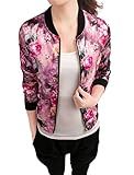 Allegra K Women's Bomber Jacket Satin Long Sleeve Zipper Floral Print Casual Fall Jacket with Pocket Winter Outwear Medium Fuchsia