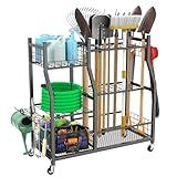 WALMANN Garden Tool Organizer with Wheels for Garage, Large Storage Capacity, Rakes/Shovels/Yard Tools Storage Stand for Shed, Garden, Indoor/Outdoor Long-Handled Tools Rolling Cart