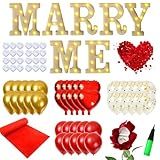 Proposal Decorations Set - LIKEYO Marry Me Light Up Letters with 24 Romantic LED Candles, 2000 Pcs Rose Petals, Red Carpet Aisle Runner 16 Feet, 1 Rose Ring Box and Balloons for Wedding Proposal Engagement