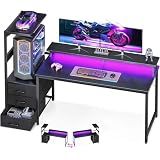 AODK Gaming Desk w/PC Showcase Stand, 59" Reversible, RGB LED | For compact pc tower Triple drawers hide cables, controllers, clutter