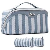 BOYATU Travel Makeup Bag Cosmetic Bag for Women: 3 Pcs Set Striped Make up Bag with Compartments - Waterproof Vegan Leather Toiletry Bags with Handle - Makeup Organizer for Travel Essentials(A-1-Blue)