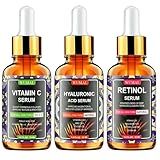 Wumal 3 Pack Face Serum Set - Includes Vitamin C, Retinol & Hyaluronic Acid - Firming, Brightening & Hydrating - Reset Your Skin Day and Night