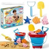 Cozycharm Beach Sand Toys Set for Toddlers, Portable Travel Beach Toys with Collapsible Bucket, Shovel, Rake, 3 Molds & Mesh Storage Bag for Kids, Summer Gift