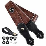 Nefelibata Guitar Strap with Pick Pocket, 2.3 inch Soft Vegan Leather Guitar Straps, 60s Vintage Style（Brown）