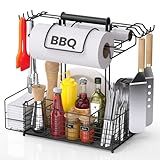 Barbecue Tool Sets Storage Organizer - Grill Caddy for Outdoor Grill with 2 Paper Towel Holders, BBQ Caddy for Outdoor Grill with 9 Compartments & 8 Hooks, BBQ Accessories for Kitchen