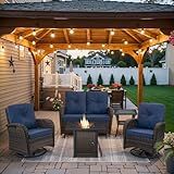 Belord 5 Pieces Patio Furniture Set with 30” Propane Fire Pit Table, Deep Seating Swivel Rocker Glider Outdoor Chairs Set of 4 with Side Table Set of 2 Patio Conversation Set Brown Wicker