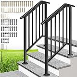 VIVOHOME 2-Pack 3 Step Galvanized Steel Hand Rails for Outdoor Steps – Black Oval and Safety Balusters Exterior Railing for Porch, Deck, or Indoor Stairs, Complete Installation Kit