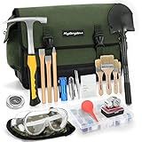 MYSTERYSTONE 28 Pieces Rock Hammer Kit for Rock Hounding, Complete Great Bundle including Steel Rock Pick Hammer,3-Pieces Heavy Duty Chisel Set,Updated Mussette Bag and Many More