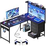 MOTPK L Shaped Gaming Desk with Shelf & 4 Drawers, 43" Reversible Computer Desk with LED Light, Home Office Table with Hutch and Hook, Black