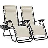 Best Choice Products Set of 2 Adjustable Steel Mesh Zero Gravity Lounge Chair Recliners w/Pillows and Cup Holder Trays - Ivory