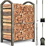 AMAGABELI GARDEN & HOME Firewood Rack with Tools 5-Piece Indoor Fireplace Wood Holders Outdoor Log Holder Rack Lumber Storage Stacking Stove Wrought Iron Large Logs Fireplace Tools Set Bronze