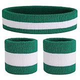 ONUPGO Sweatband Set Sports Headband Wristband Set Sweatbands Terry Cloth Wristband Athletic Exercise Basketball Wrist Sweatband and Headbands Moisture Wicking Sweat Absorbing (Green/White/Green)