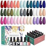 PHOENIXY 24 PCS Gel Nail Polish Set, 21 Colors Gel Nail Polish Kit with Base Glossy Matte Top Coat Black Gray Red Valentine Nail Kit Gifts for Women
