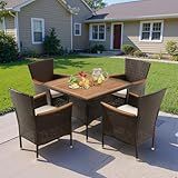 Wisteria Lane Patio Dining Sets for 4, Rattan Patio Table and Chairs Set with Acacia Wood Tabletop, Metal Patio Outdoor Dining Furniture with Removable Cushions for Deck Garden Backyard, Brown