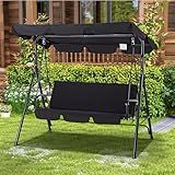 Esright Patio Swings Outdoor, 3-Seat Glider Patio Swings with Removable Cushion and Adjustable Canopy, Porch Bench for Garden, Poolside&Backyard, Black