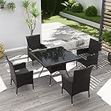 Kurapika 5-Piece Patio Furniture Outdoor Dining Set, Wicker Rattan Patio Dining Table and 4 Chairs Set, Square Tempered Glass Tabletop with Umbrella Hole, for Patio, Backyard, Grey