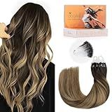 DOORES Micro Beaded Real Human Hair Extensions, Balayage Chocolate Brown to Caramel Blonde 16 Inch 50g/50s, Invisible Bead Extensions Human Hair for Women